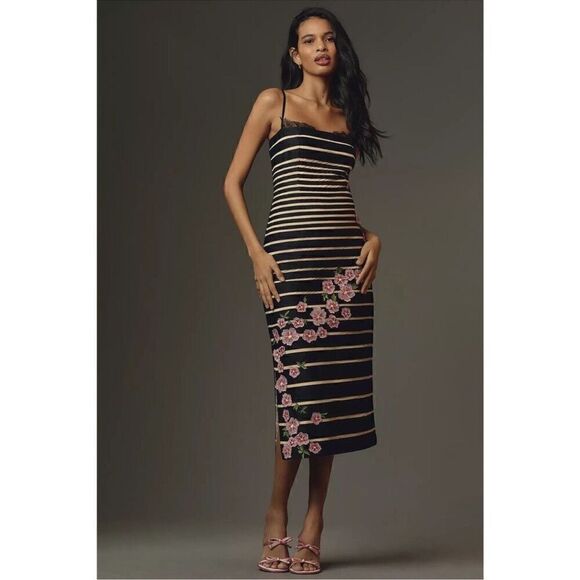 Maeve x Anthropologie Striped Floral Appliqué Midi Dress - Picture 1 of 10